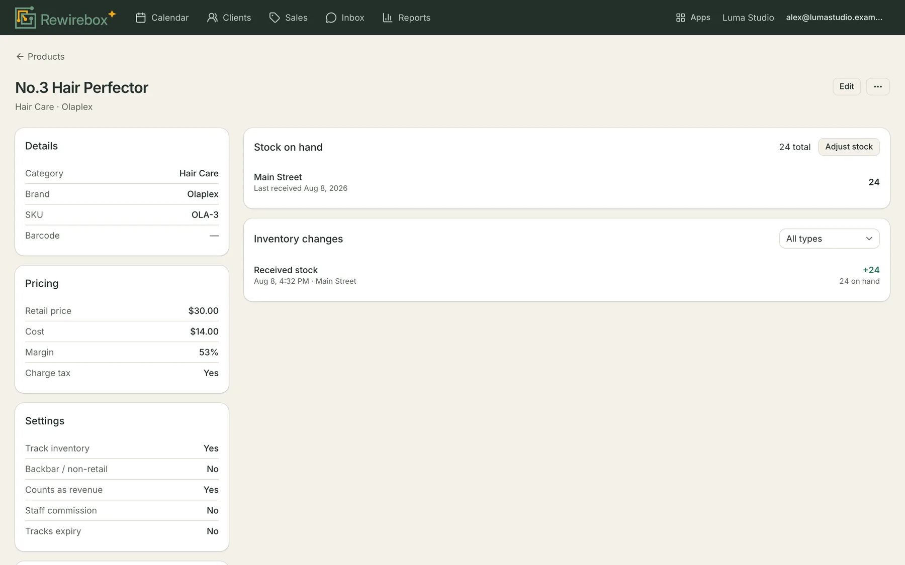 A product's page showing stock on hand by location, the date it was last received, and the inventory-changes ledger with a filter by movement type.