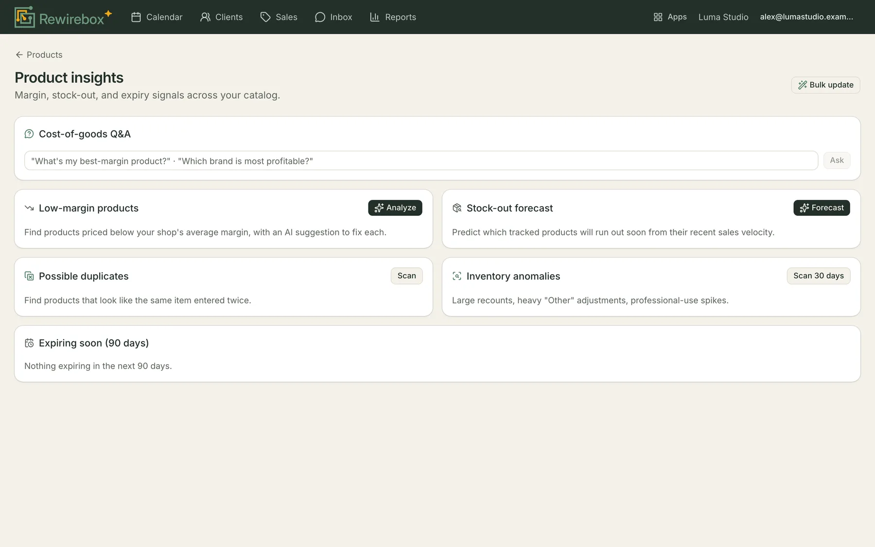 The product insights screen, offering to find low-margin products, forecast stock-outs, scan for duplicate products and flag inventory anomalies.