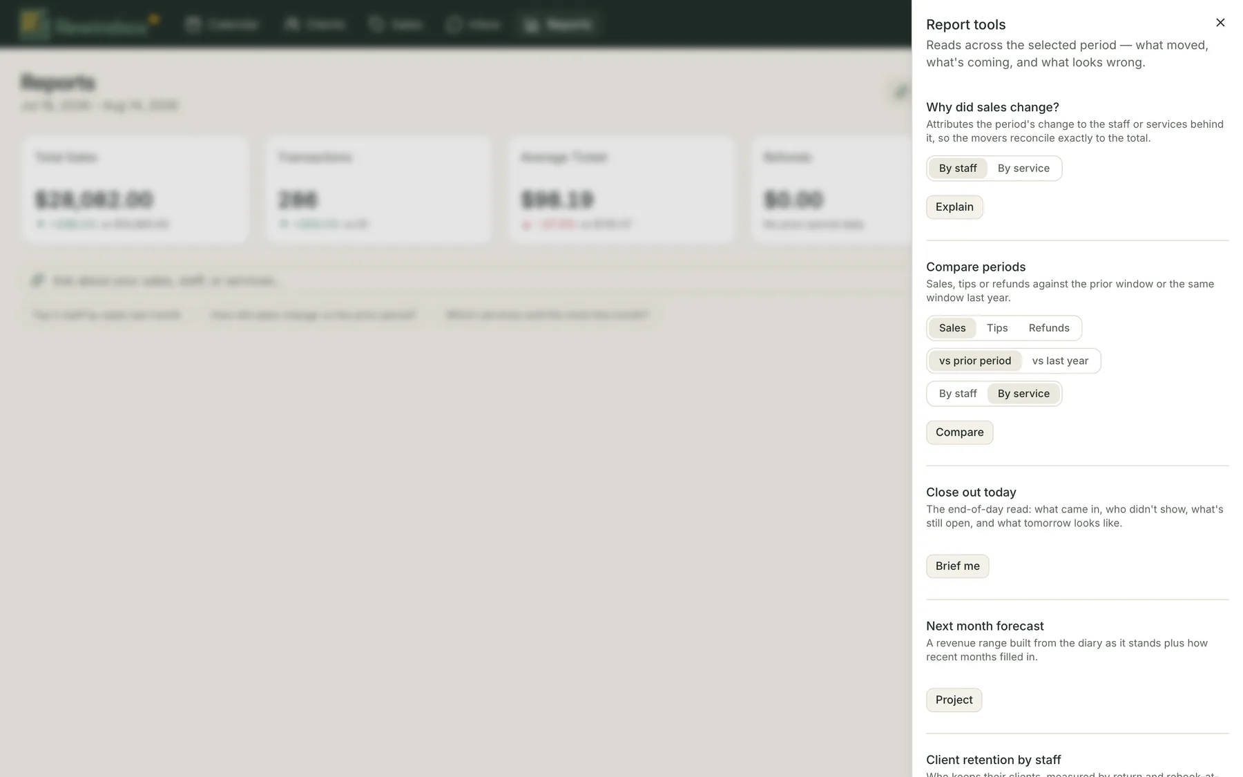 The Assist panel open beside the reports hub, listing report tools for explaining a change, comparing periods, closing out today, forecasting next month, analysing retention and auditing refunds.