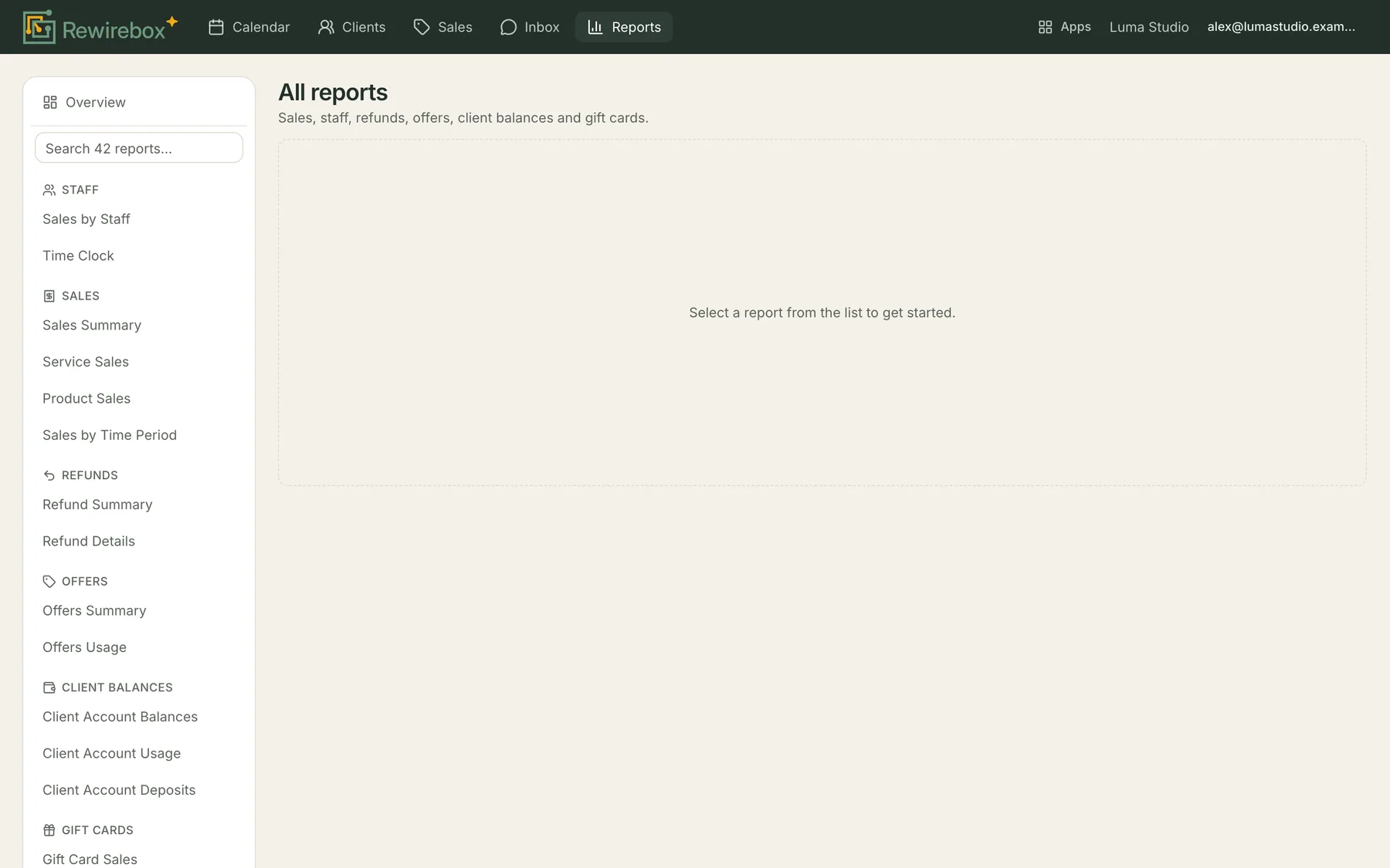 The report catalogue rail, listing every report grouped under Staff, Sales, Refunds, Offers, Client balances, Gift cards and more, above a search box reading Search 42 reports.