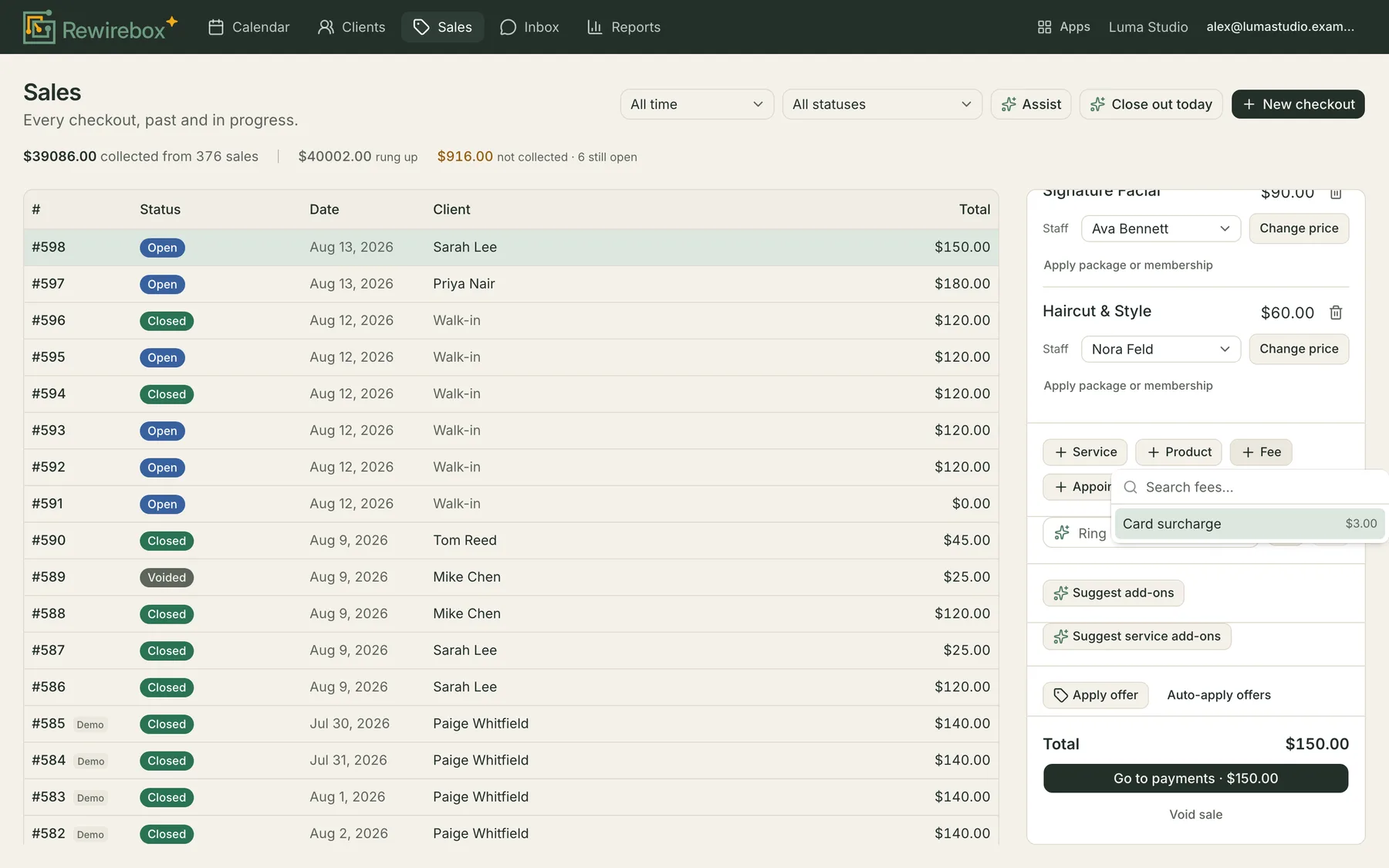An open sale's cart with the Fee picker open beneath it, listing the salon's card surcharge at $3.00, beside the Service, Product and Appointment buttons and the suggestion strips under them.
