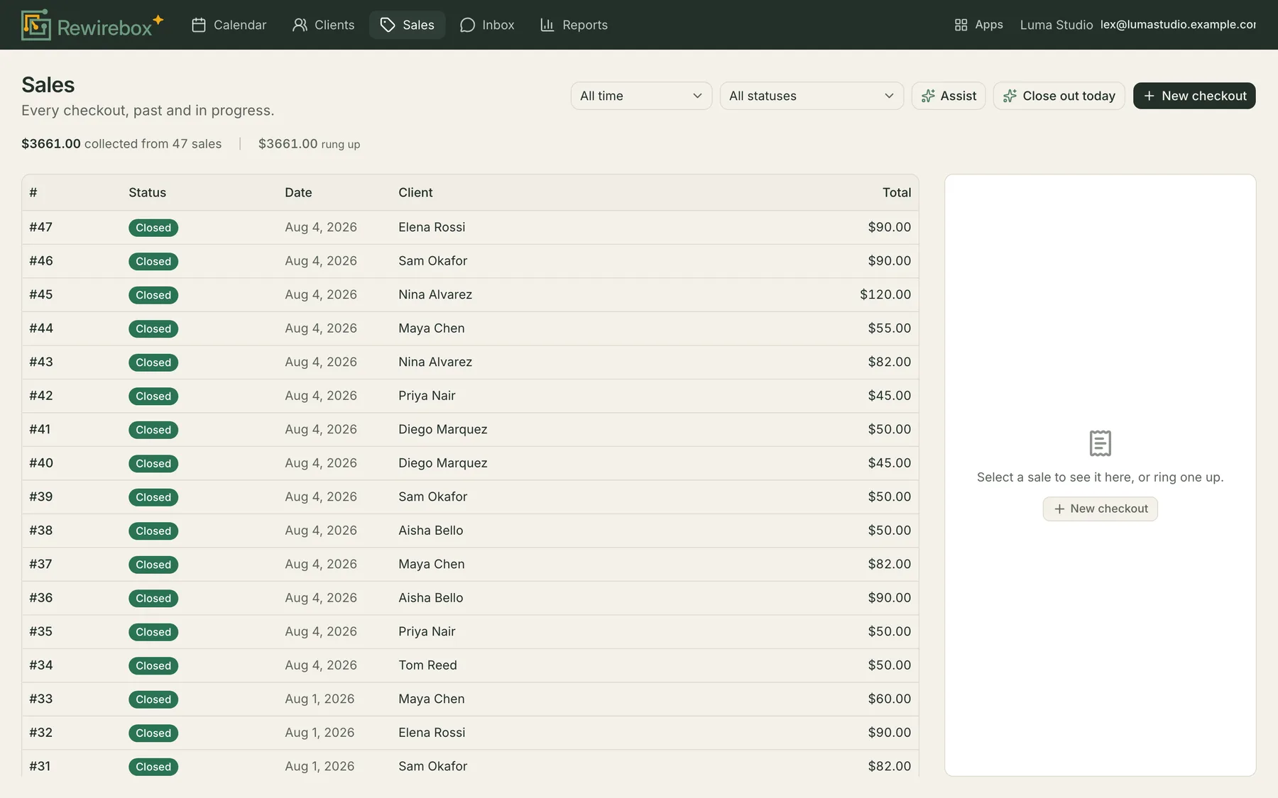 The RewireBox sales list: every checkout with its number, status, date, client and total, above a summary of what was collected.