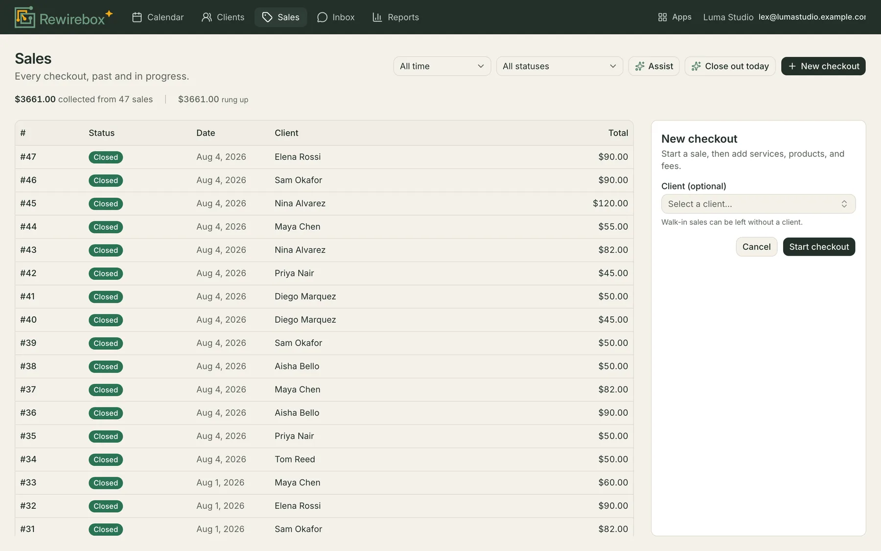 The new checkout panel open in the sales rail, with a client picker and a Start checkout button beside the list of past sales.
