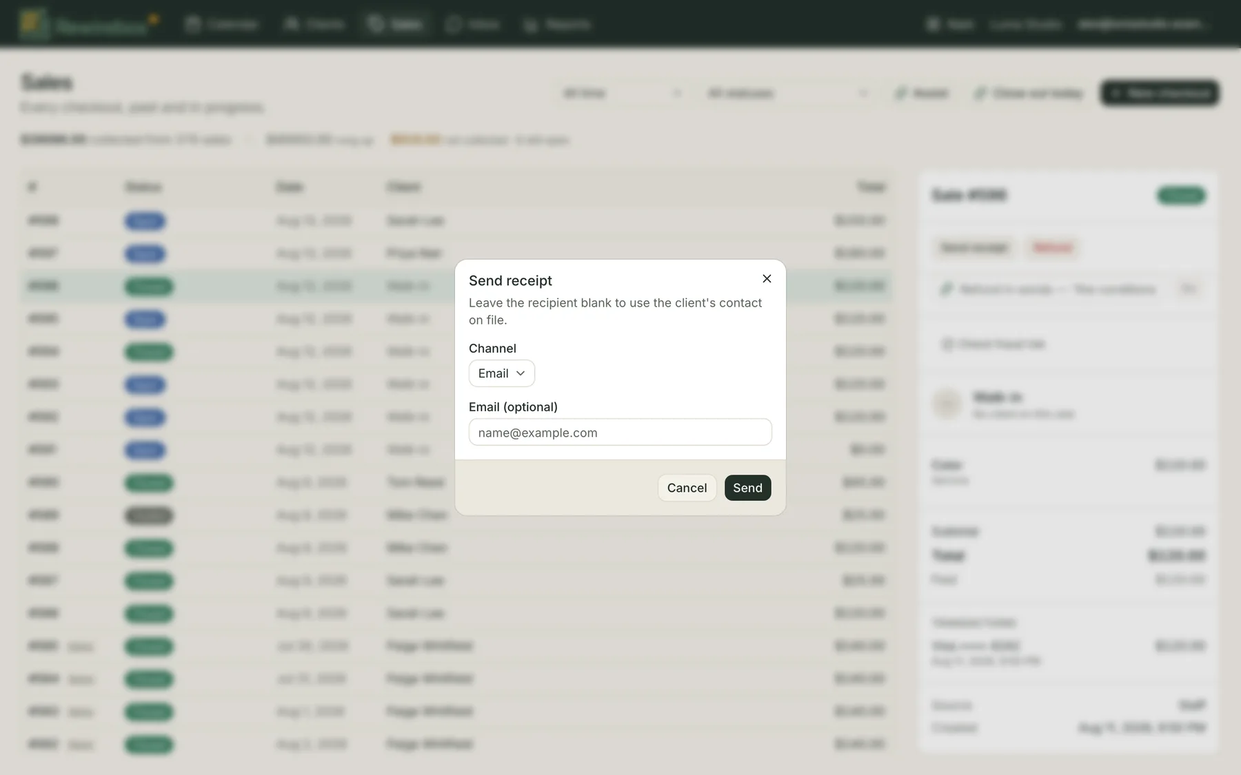 The Send receipt dialog over a closed sale: a Channel picker set to Email, an optional recipient box, and a line saying that leaving it blank uses the client's contact on file.