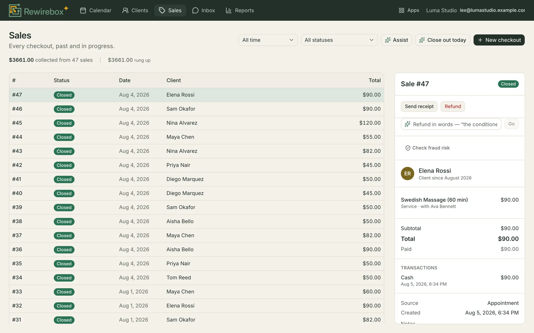 A closed sale open in the rail, listing what was sold, the totals, the payment taken and a Send receipt button.