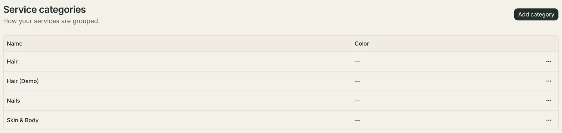 The service categories screen: four categories listed with a name and an optional colour, none of them coloured yet, each with a row menu, under an Add category button.