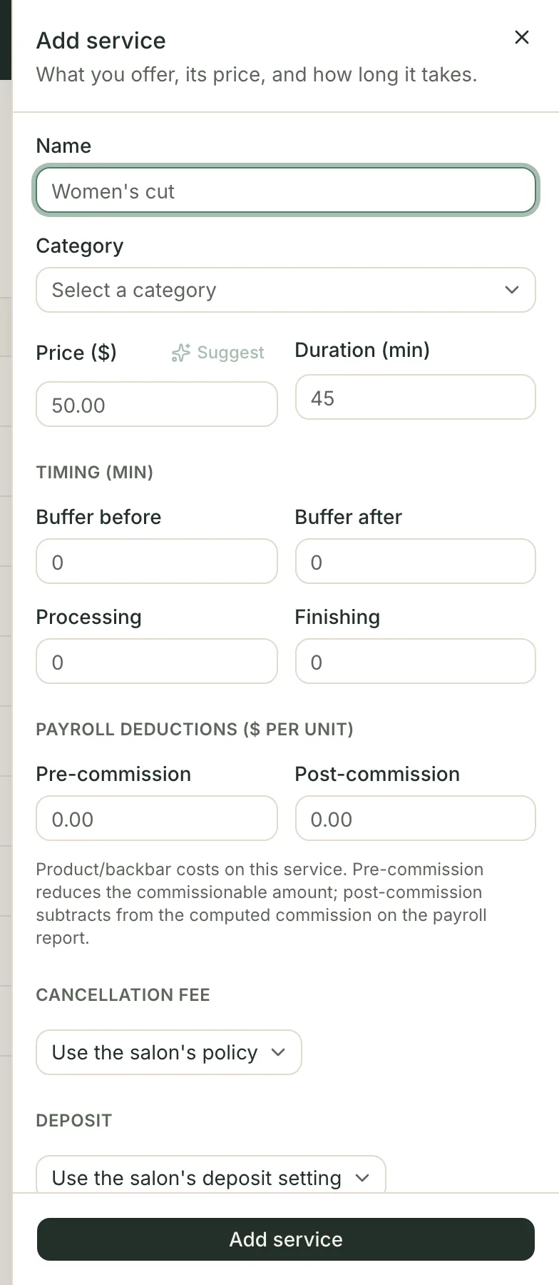 The Add service dialog, empty: Name, Category, Price and Duration fields showing placeholder examples, a Suggest button beside the price, then sections for timing, payroll deductions, the cancellation fee and the deposit, with an Add service button at the foot.
