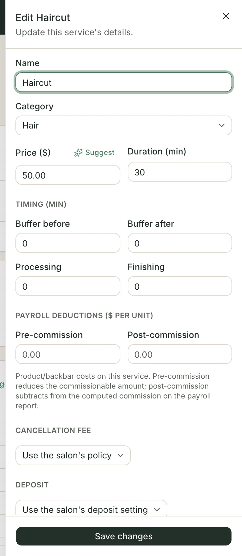 Editing the Haircut service: its name, the Hair category, a price of 50.00 and a duration of 30, above a Timing section whose four boxes — buffer before, buffer after, processing and finishing — each read 0.