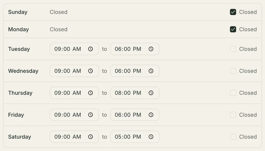 The weekly opening-hours grid: a row per day from Sunday to Saturday, each with an open and a close time and a Closed checkbox. Sunday and Monday are marked Closed, Tuesday to Saturday carry times, and Thursday runs later than the rest.