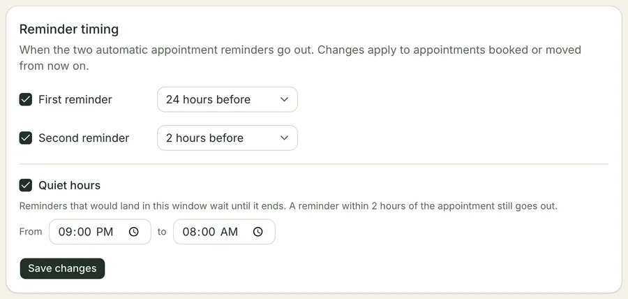 The Reminder timing card: First reminder ticked at 24 hours before, Second reminder ticked at 2 hours before, and a Quiet hours checkbox ticked to reveal a window running from 09:00 PM to 08:00 AM.
