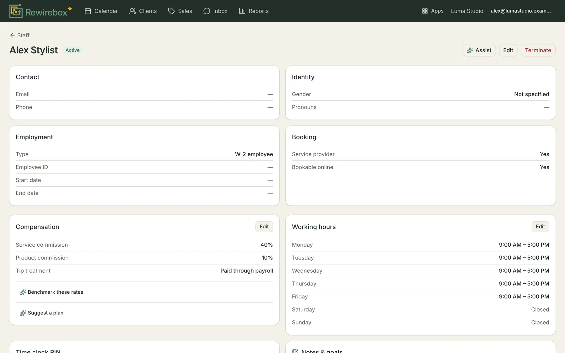A staff member's record open in RewireBox: the name with an Active badge beside Edit and Terminate, then Contact, Identity, Employment showing a W-2 employee, and Booking showing service provider and bookable online both Yes, above a Compensation card and a Working hours card.