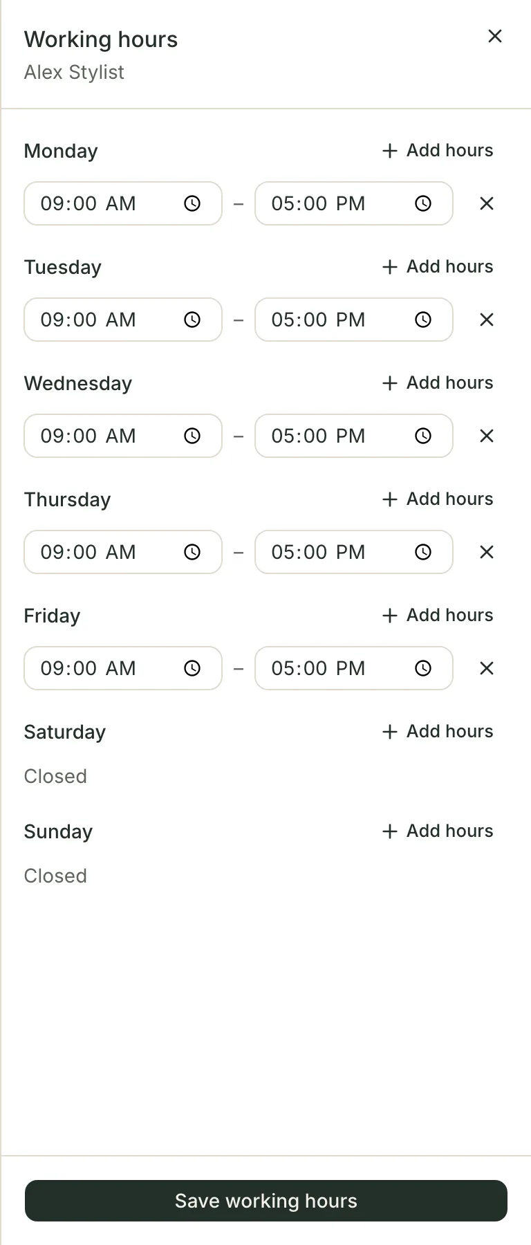 The working-hours sheet for one stylist: each day of the week with its start and end time and a Remove button, Saturday and Sunday marked Closed with an Add hours link, above a Save working hours button.