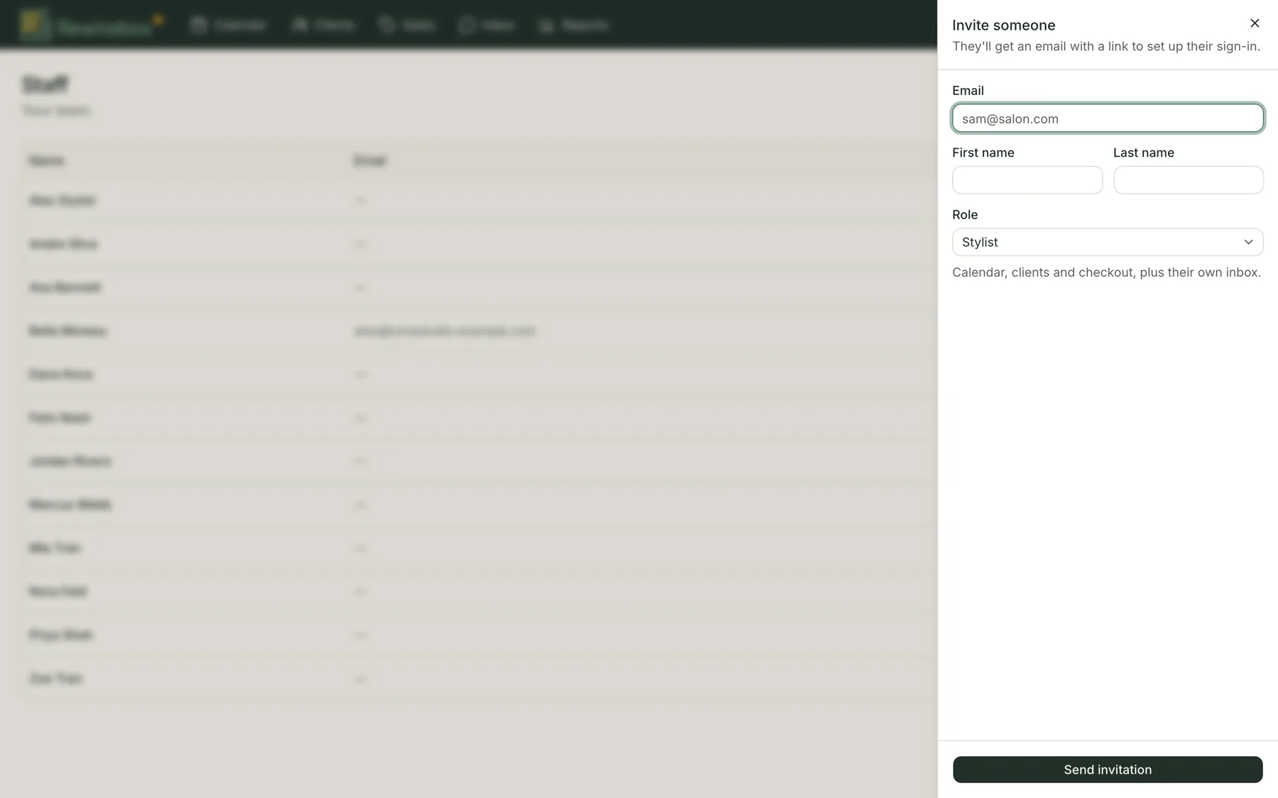 The Invite someone sheet open over the staff list: an email field, first and last name, and a Role picker set to Stylist with a line underneath saying what that role can reach, above a Send invitation button.