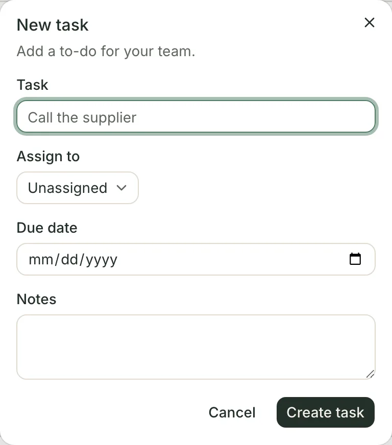 The New task dialog: a Task field with the placeholder Call the supplier, an Assign to picker set to Unassigned, a due-date field and a Notes box, above Cancel and Create task buttons.