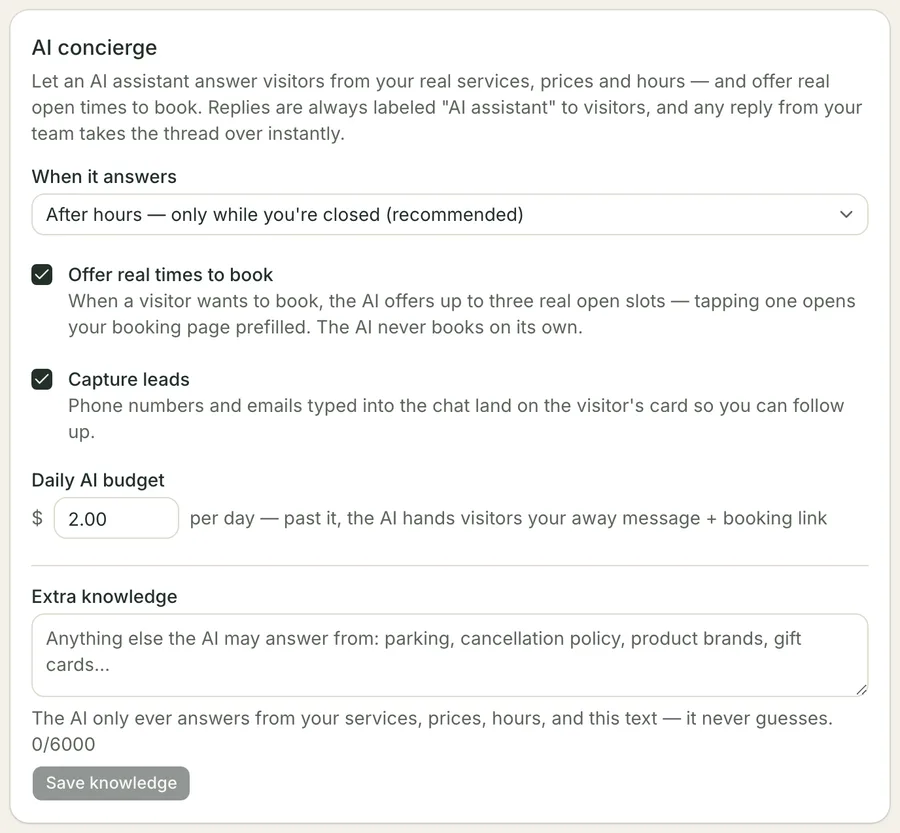The AI concierge settings card: a When it answers picker reading After hours, only while you're closed, recommended; ticked checkboxes for offering real times to book and capturing leads; a two-dollar daily AI budget; and an empty Extra knowledge box above a Save knowledge button.