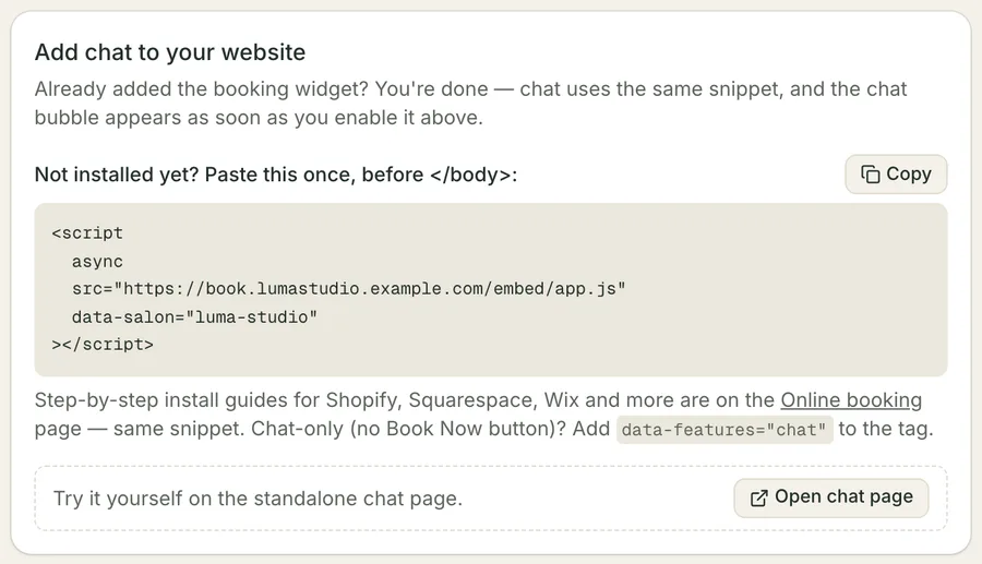 The Add chat to your website card: a note that a site already carrying the booking widget is done, the five-line script tag to paste before the closing body tag with a Copy button, and a link to the standalone chat page.