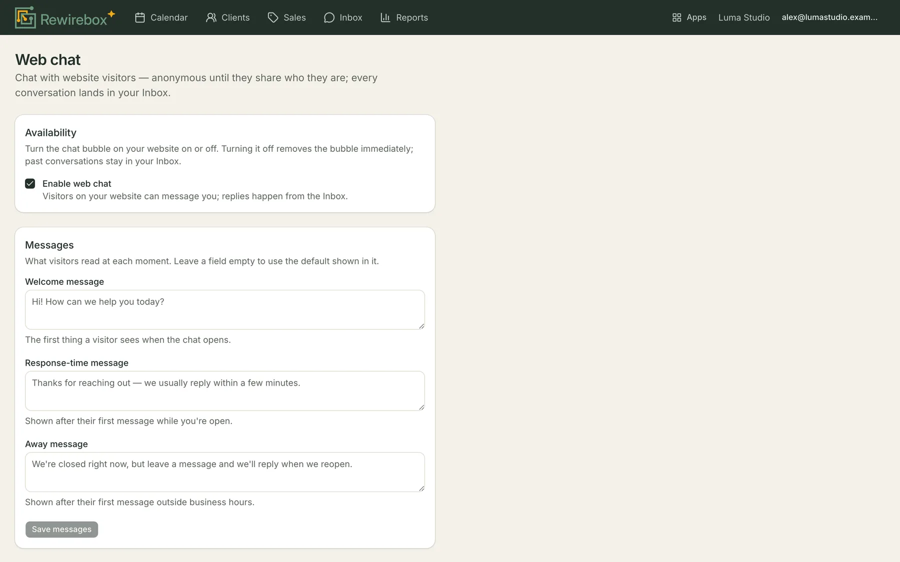 The Web chat settings screen: an Enable web chat checkbox, ticked, above a Messages card holding the welcome, response-time and away texts a visitor reads, each showing the house default.